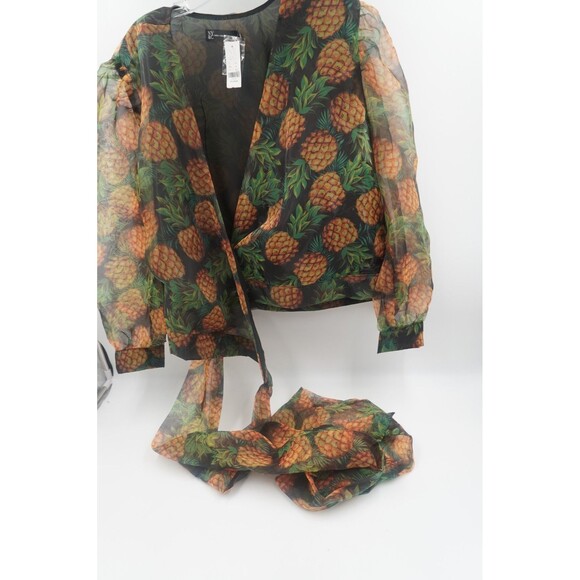 NWT NY& C Pineapple Print Wrap Tropical Blouse Organza V-Neck Puff Sleeve Sz XXL - Picture 7 of 9